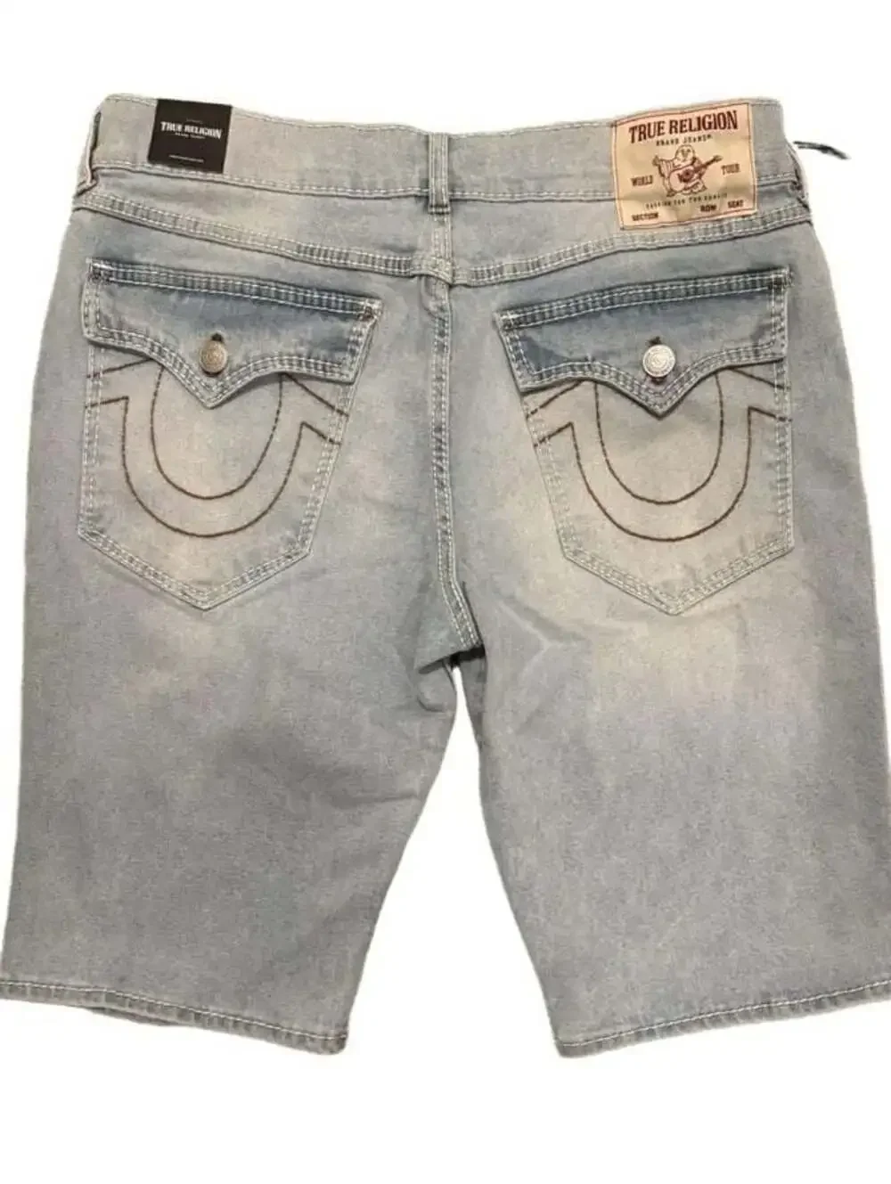 True Religion Rocco Big T Flap Denim Shorts Light Journey Wash Size 34 NWT